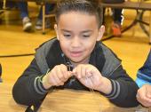 A young Cena y Ciencias visitor works on putting together their paperclip "polymer" chain. Photo by Elizabeth Innes.