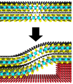 A four-layer stack of graphene (black) and MoS2 (cyan and yellow) bends as it conforms over a hexagonal BN step (red).