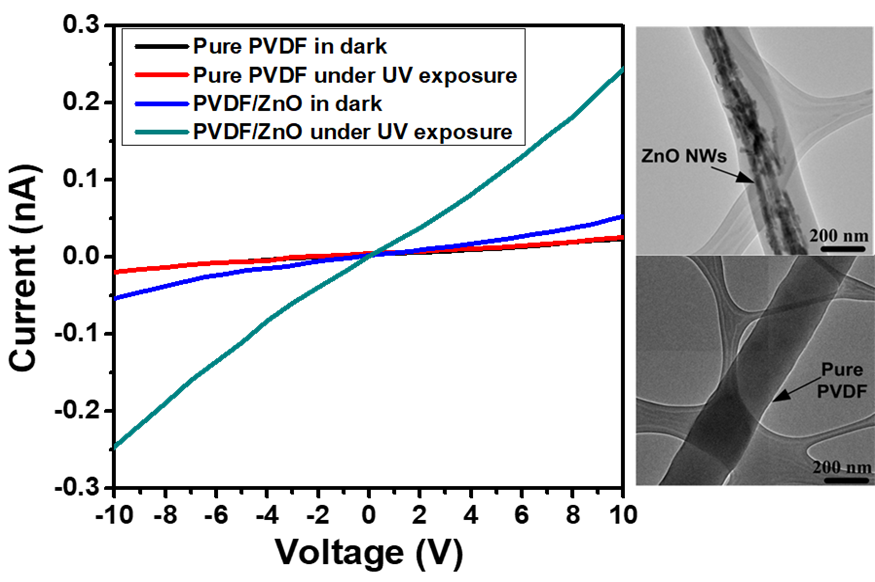 Photoconductivity data plot,  with micrographs of nanowires.